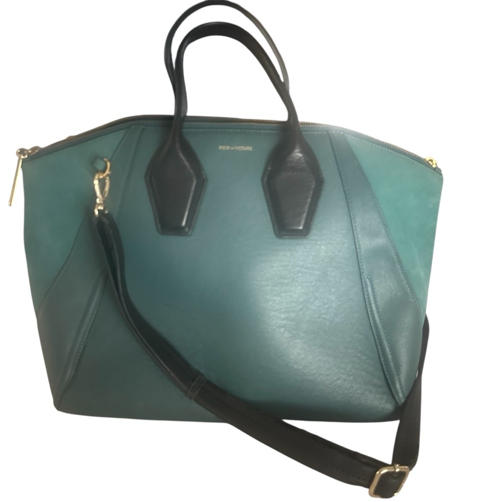 Pour La Victoire Tote Satchel Teal & Black Large Light Interior
